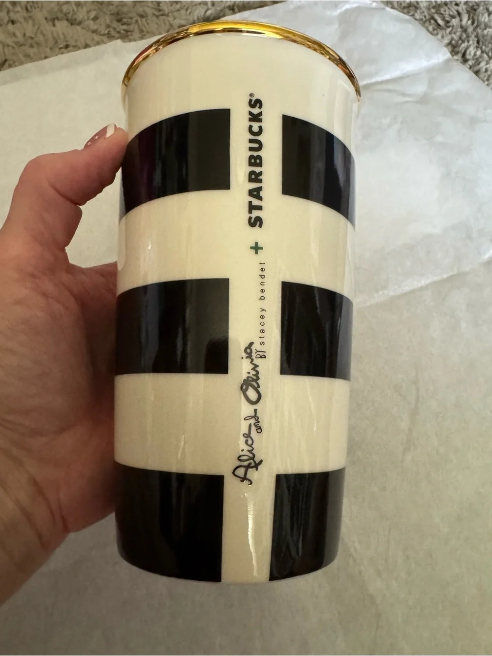 Rare Starbucks Alice + Olivia Black White Gold Bowtie Tumbler 12oz
